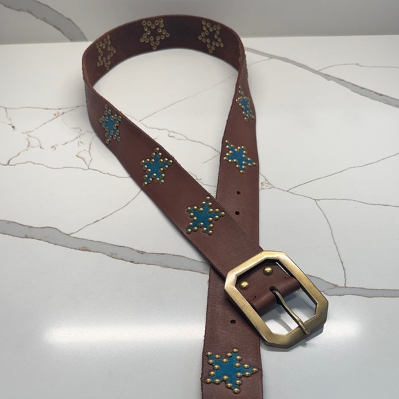 Free People brown Belt with Brass Buckle & studs and Blue Star Accents Size M/L - Picture 5 of 10